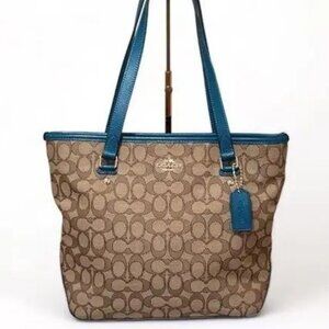 Coach Signature Khaki & Atlantic Blue Jacquard Zip Top Tote Bag